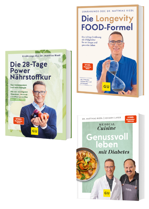 Drei Bücher von Dr. Riedl: Die Longevity Food-Formel, die 28-Tage Powernährstoffkur, Genussvoll leben mit Diabetes